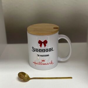 Shhhhh I’m Watching Hallmark White Mug with Bamboo Lid and Gold Spoon
